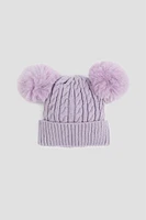 Ardene Kids Cable Knit Beanie with Pompoms in Lilac | 100% Acrylic