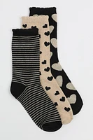 Ardene 3-Pack Heart & Stripe Crew Socks | Polyester/Spandex