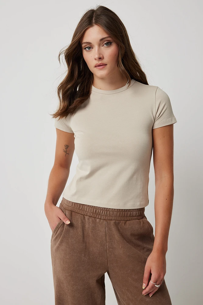 Ardene Basic Organic Cotton Short T-Shirt in Beige | Size | Cotton/Elastane | Eco-Conscious