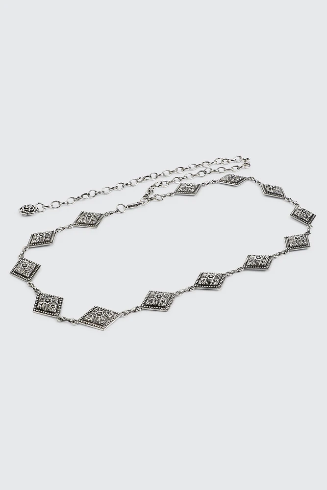 Ardene Embossed Diamond Chain Belt in Silver