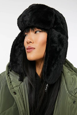 Ardene Faux Fur Trapper Hat in Black | Polyester