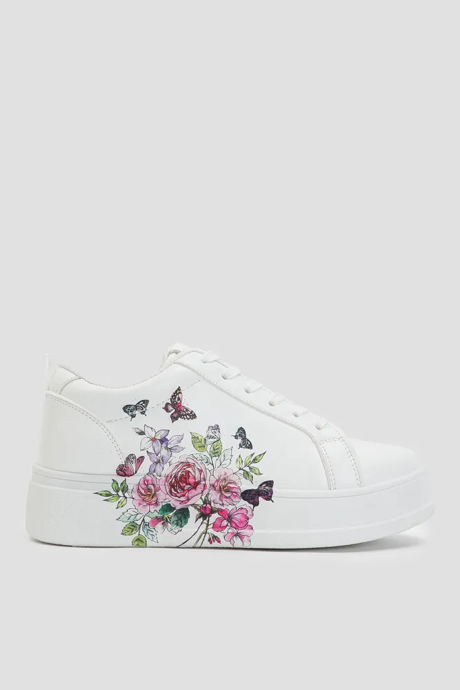 Ardene White Sneakers with Side Floral Print | Size