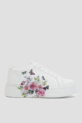 Ardene White Sneakers with Side Floral Print | Size