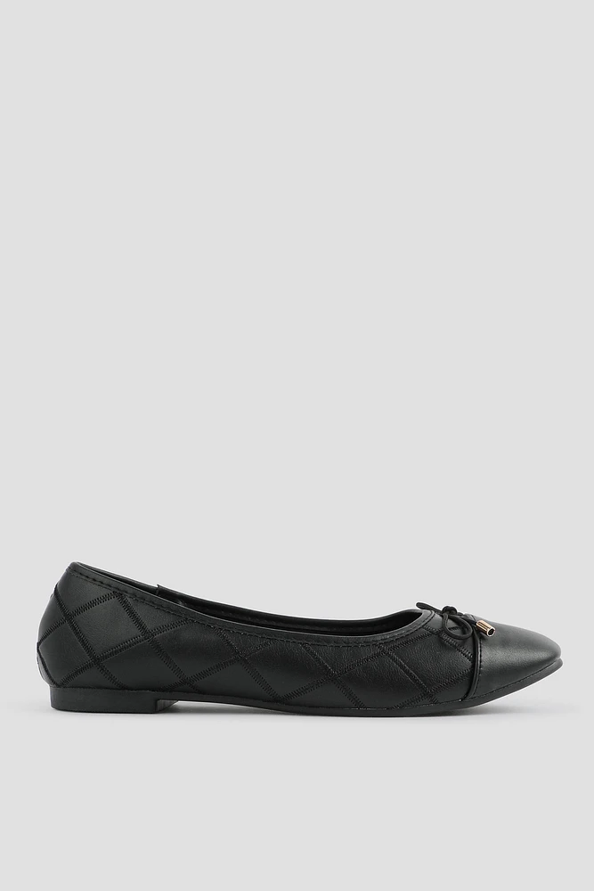 Ardene Topstiched Ballet Flats with Bow in Black | Size | Faux Leather | Eco-Conscious