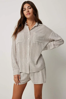 Ardene Crinkle Oversized Beach Shirt in Beige | Size | Rayon