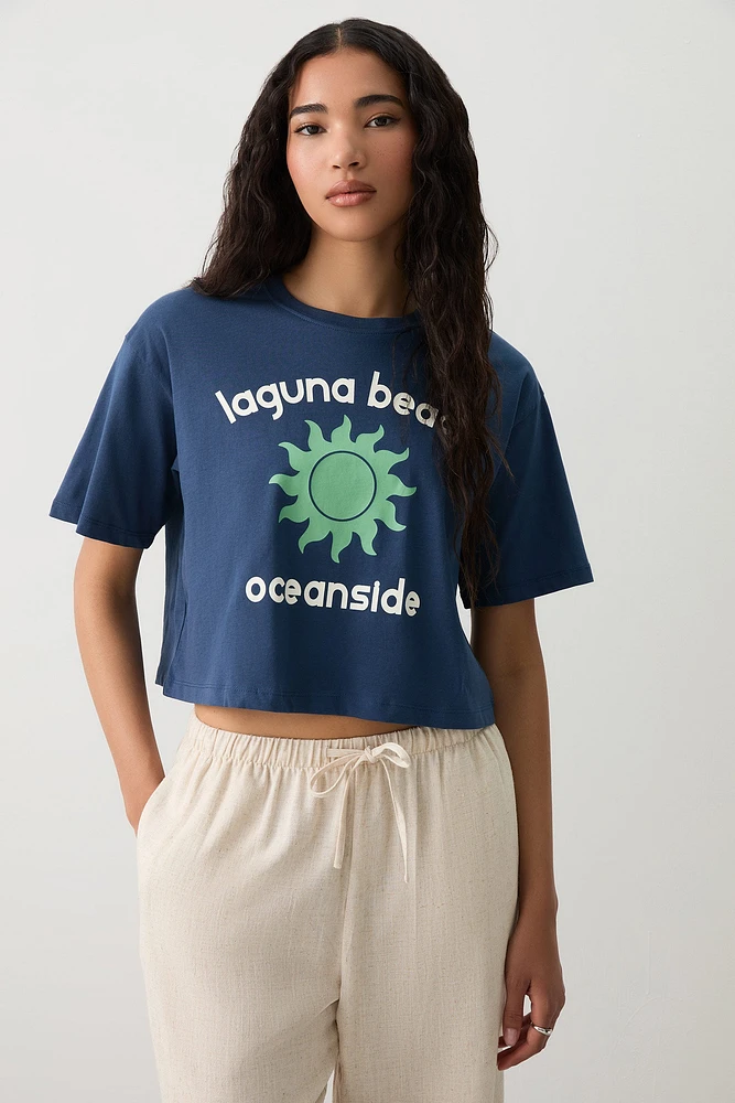 Ardene Boxy Graphic T-Shirt in Dark Blue | Size | 100% Cotton