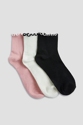 Ardene 3-Pack of Ruffled Edge Demi Crew Socks in Medium Pink | Polyester/Spandex