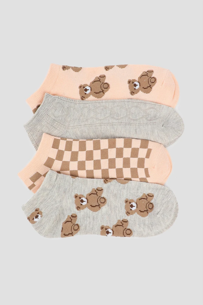 Ardene 4-Pack Teddy Bear Ankle Socks in Beige | Polyester/Spandex