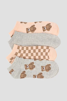 Ardene 4-Pack Teddy Bear Ankle Socks in Beige | Polyester/Spandex