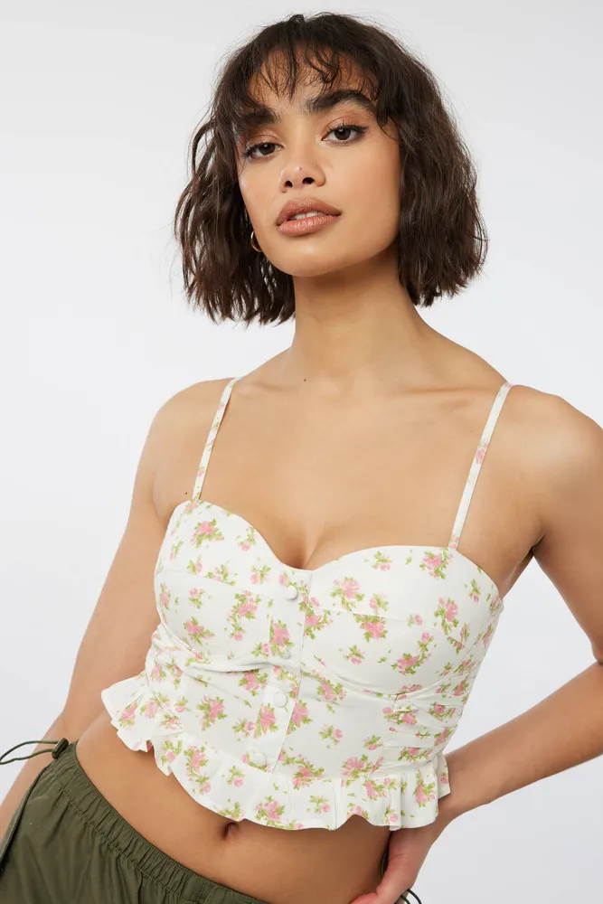 Ardene Floral Bustier Cropped Tank in White, Size, Rayon