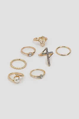 Ardene 7-Pack Pearl & Cross Rings in Gold | Size