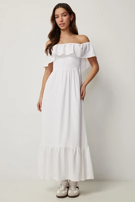 Ardene Linen Blend Off Shoulder Maxi Dress in White | Size | Viscose