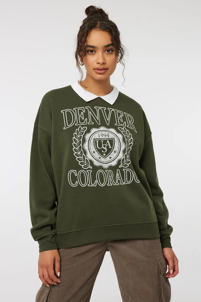 Ardene Graphic Crew Neck Sweatshirt with Contrast Collar in Dark Green, Size, Polyester/Cotton, Fleece-Lined