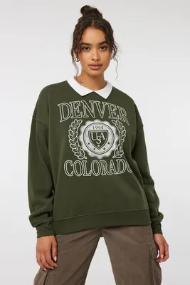 Ardene Graphic Crew Neck Sweatshirt with Contrast Collar in Dark Green | Size | Polyester/Cotton | Fleece-Lined