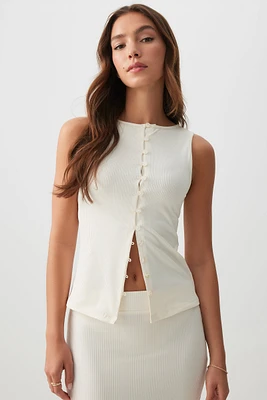 Ardene Super Soft Rib Button Front Tank in White | Size | Polyester/Elastane | Eco-Conscious