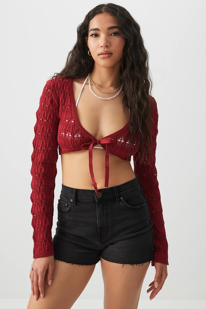 Ardene Crop Open Stitch Bolero in Burgundy | Size | Polyester