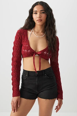 Ardene Crop Open Stitch Bolero in Burgundy | Size | Polyester