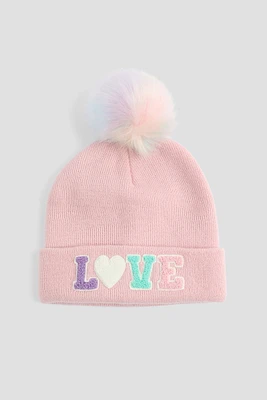 Ardene Kids Love Beanie with Pompom in Light Pink | Polyester