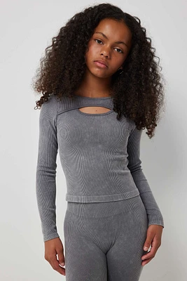 Ardene Pigment Dye Cutout Long Sleeve Top in Grey | Size | Nylon/Elastane