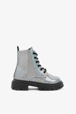 Ardene Kids Iridescent Ankle Boots in Silver | Size | Faux Leather