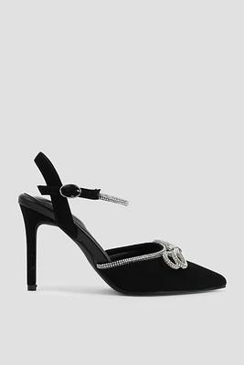 Ardene A.C.W. Ankle Strap Pumps with Bow Detail in Black | Size | Faux Suede