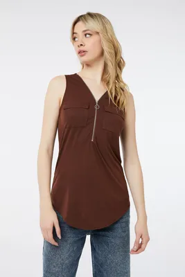 Ardene Accent Zip V-Neck Tank Top in Brown | Size | Polyester/Rayon