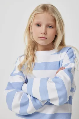Ardene Kids Striped Crew Neck Sweatshirt in Light Blue | Size | Polyester/Cotton | Fleece-Lined
