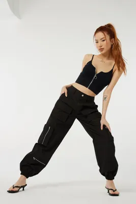 Ardene Cargo Parachute Pants with Zip Pockets in Black | Size | 100% Cotton
