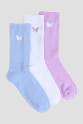 Ardene 3-Pack of Butterfly Crew Socks in Lilac | Polyester/Spandex