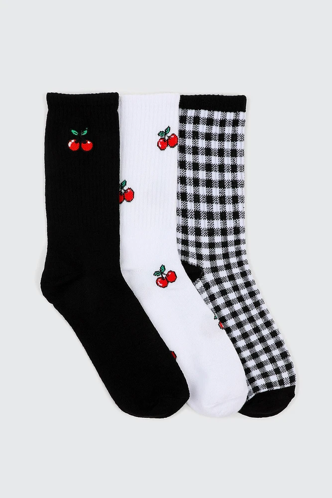 Ardene 3-Pack Cherry Print Crew Socks in Black | Polyester/Spandex