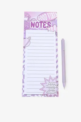 Ardene Good Vibes Magnetic Note Pad with Pen in Lilac