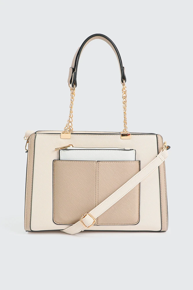 Ardene Small Tote Bag with Chain Straps in Beige | Faux Leather/Polyester