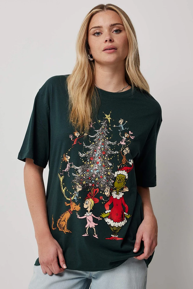 Ardene Oversized The Grinch Holiday T-Shirt in Dark Green | Size | 100% Cotton