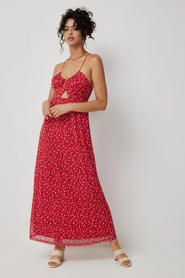 Ardene A.C.W. Ditsy Floral Open Back Maxi Dress in Red | Size | Polyester/Spandex