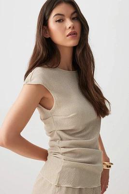 Ardene Ruched Seersucker Top in Beige | Size | Polyester/Spandex