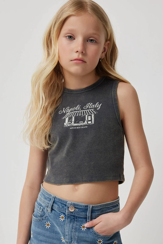 Ardene Kids Italian Destination Crop Tank Top in Grey | Size | 100% Cotton