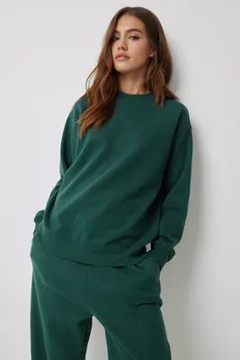 Ardene Solid Crew Neck Sweatshirt in Dark Green | Size | Polyester/Cotton | Fleece-Lined | Eco-Conscious