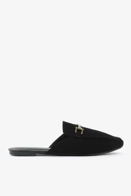 Ardene Black Mules with Gold Buckle | Size | Faux Leather/Faux Suede