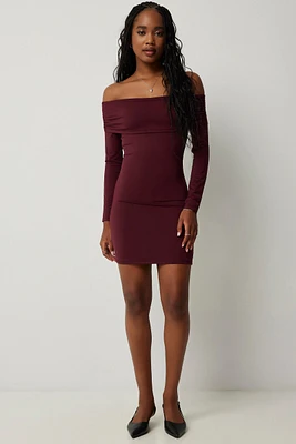 Ardene Contour Off The Shoulder Mini Dress in Burgundy | Size | Elastane/Polyamide