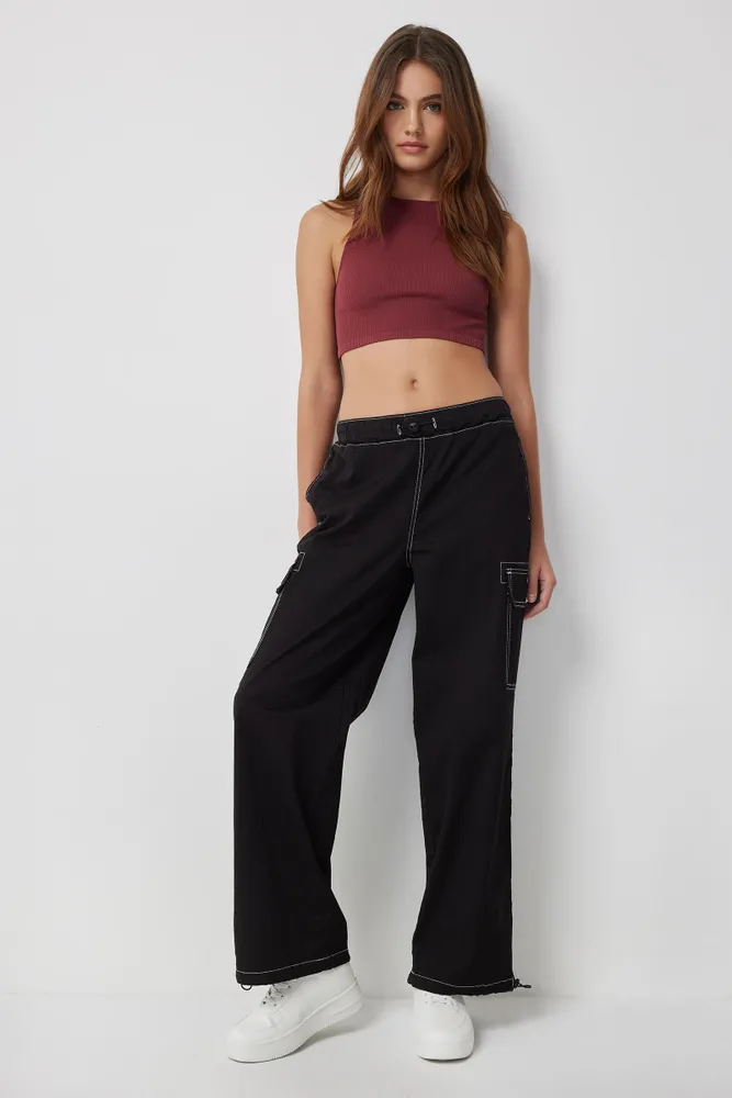 Ardene Wide Leg Tie Waist Pants in Black, Size, Polyester/Spandex