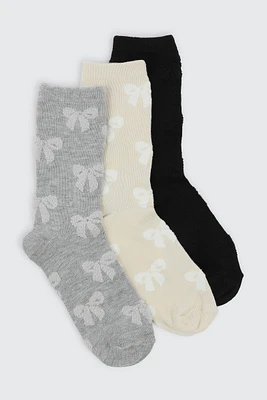 Ardene 3-Pack Bow Crew Socks in Grey | Polyester/Spandex