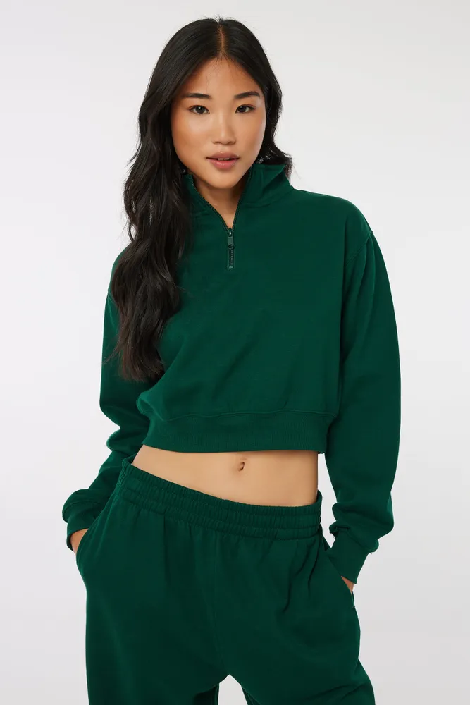 Ardene Crop 1/4 Zip Sweatshirt in Dark Green, Size, Polyester/Cotton, Fleece-Lined, Eco-Conscious