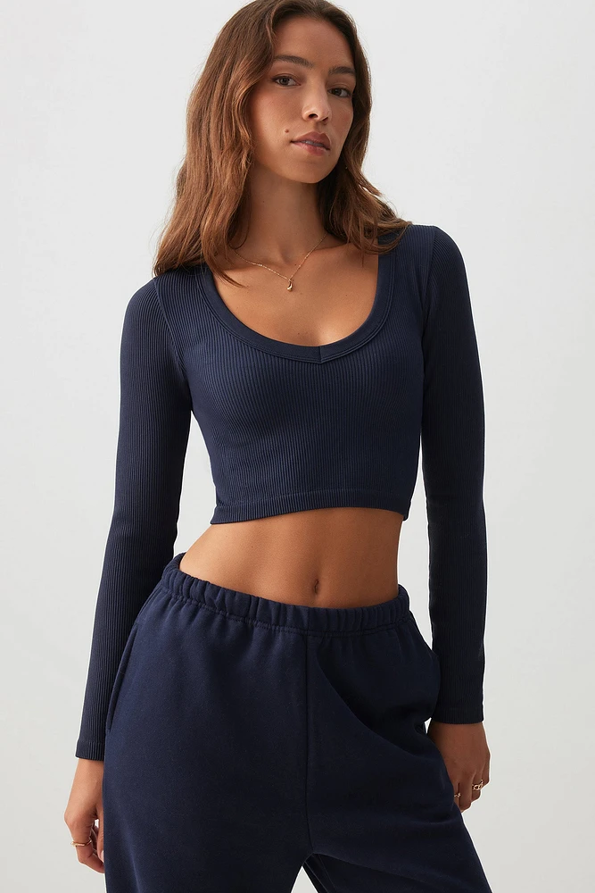 Ardene Ultra Crop Long Sleeve Seamless T-Shirt in Concord Blue | Size | Polyester/Nylon/Elastane | Eco-Conscious