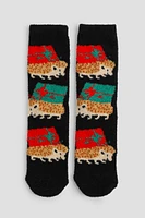 Ardene Holiday Hedgehog Cozy Socks in Black | Polyester/Spandex