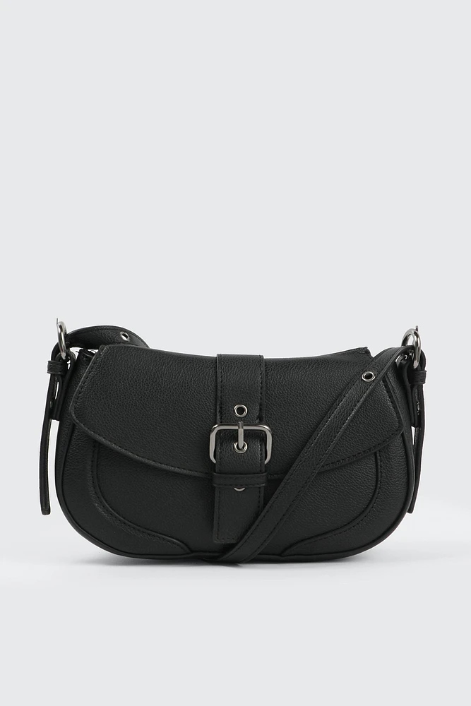 Ardene Faux Leather Crossbody Bag with Buckle in Black | 100% Recycled Polyester/Faux Leather | Eco-Conscious