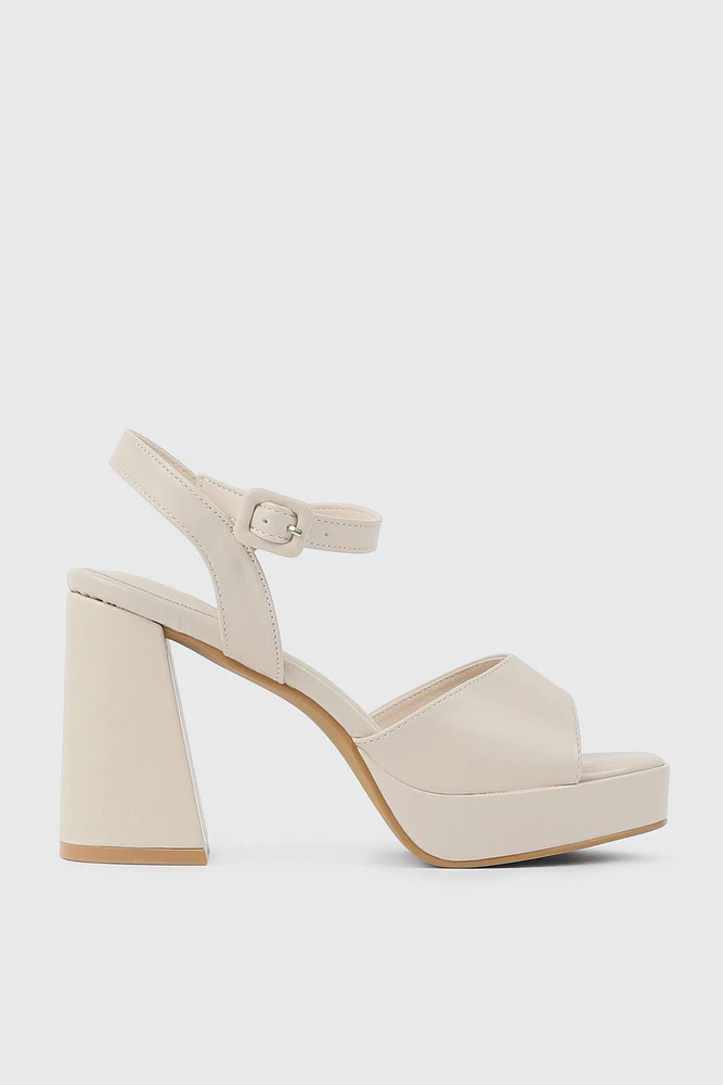 Ardene Square Toe Bloc Heel Sandals in Beige | Size | Faux Leather | Eco-Conscious