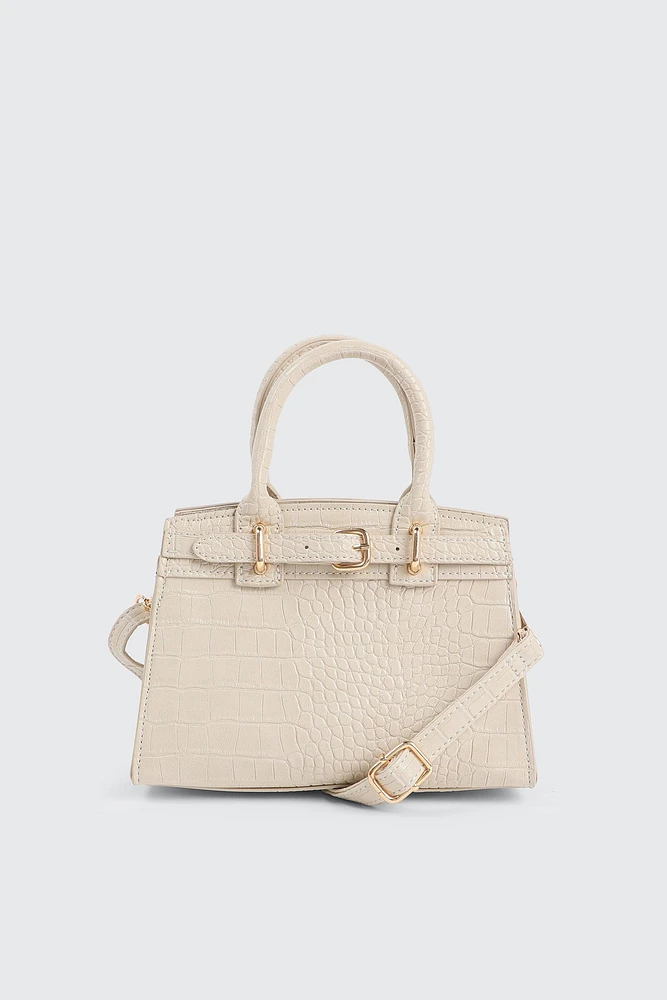 Ardene Small Tote Bag with Buckle detail in Beige | 100% Recycled Polyester/Faux Leather | Eco-Conscious