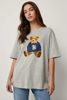 Ardene Bear Print Oversized T-shirt in Grey | Size | 100% Cotton