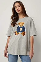 Ardene Bear Print Oversized T-shirt in Grey | Size | 100% Cotton