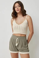 Ardene Smocked Waist Shorts with Fringed Hem in Khaki | Size | Polyester/Spandex | Eco-Conscious